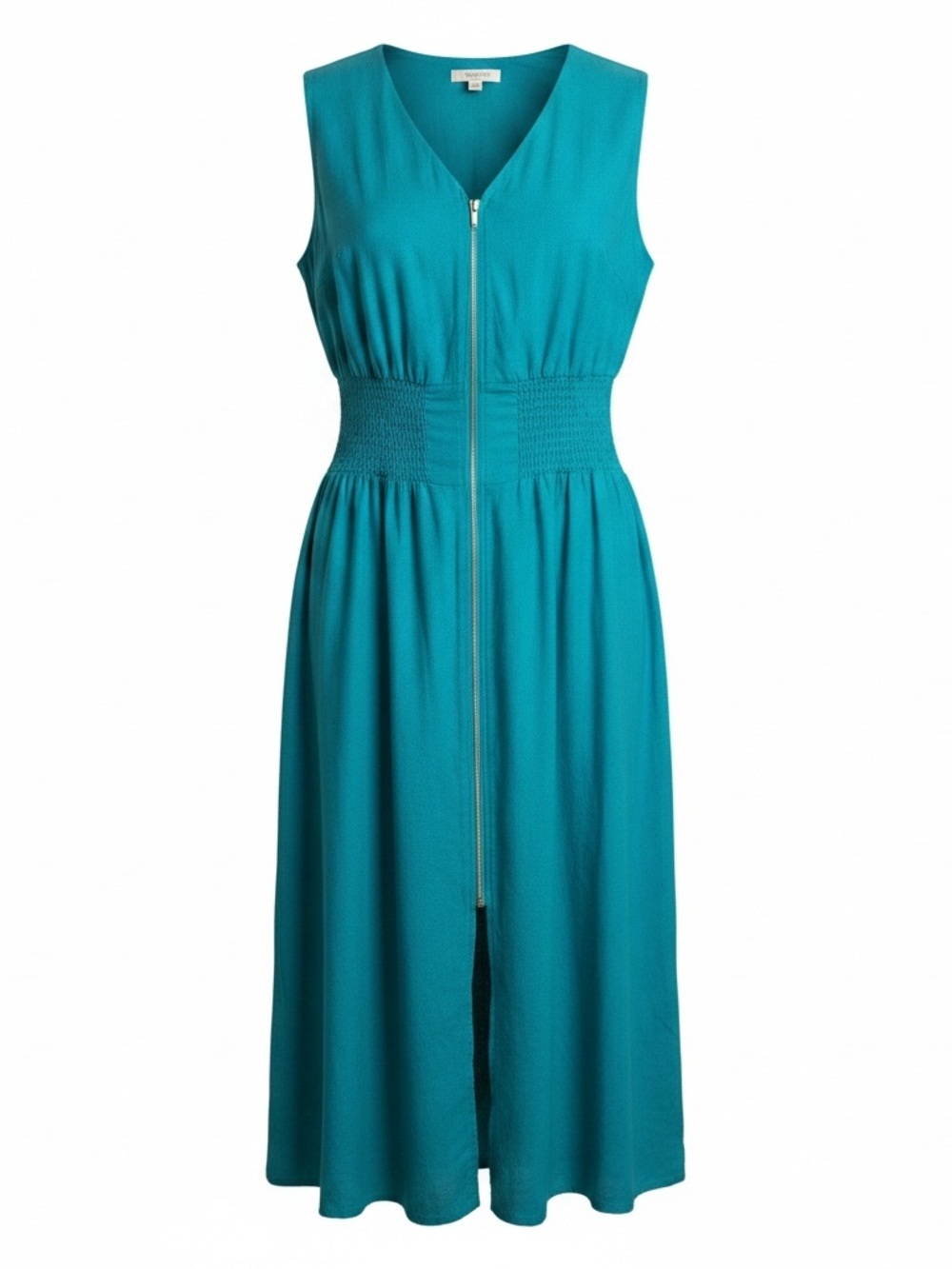 Joie Teal Linen Blend Zip Front Midi Dress 3X Sleeveless Smocked Waist V- Neck